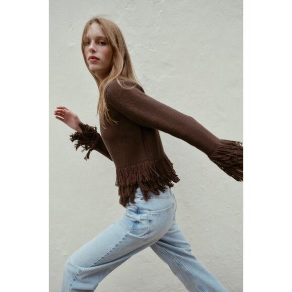 ZARA FRINGED KNIT CARDIGAN WITH BUTTON - Picture 5 of 9